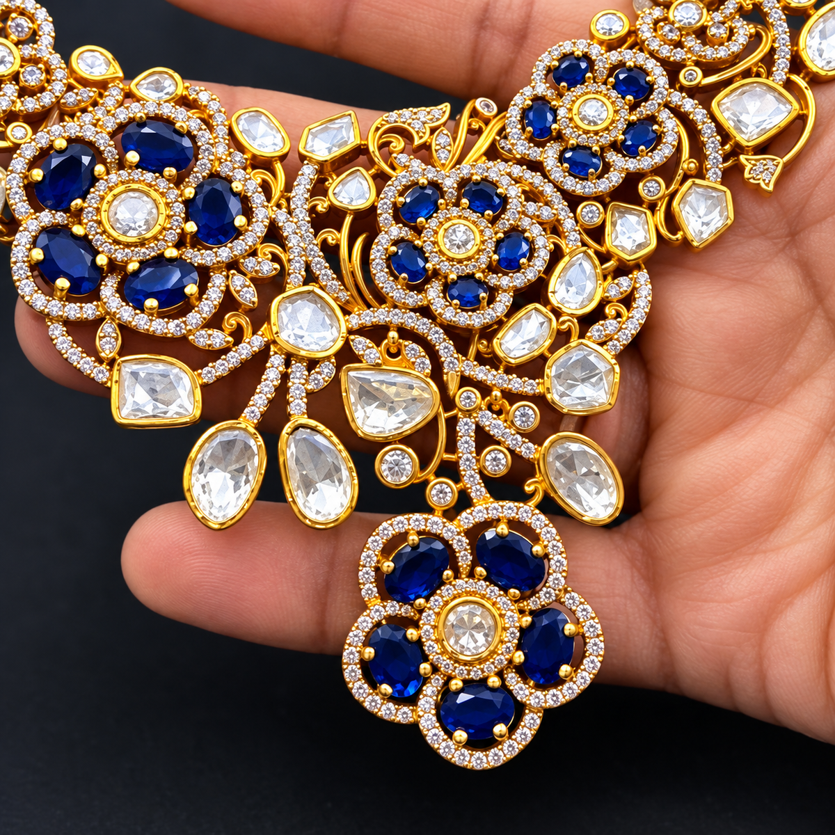 Gold Premium Kundan Choker Necklace With Earring Set Blue | Green