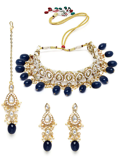Gold Plated Blue Tumble Choker Necklace Set for Women