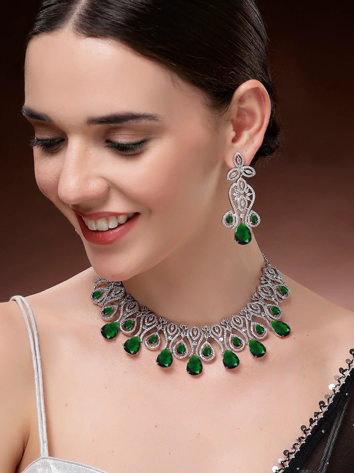Traditional Royal Design Green American Diamond Necklace Set for Women
