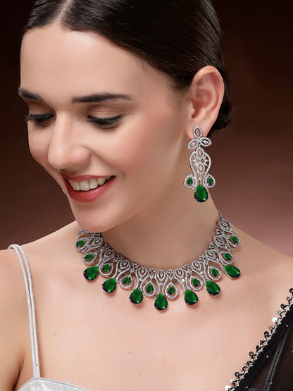 Traditional Royal Design Green American Diamond Necklace Set for Women