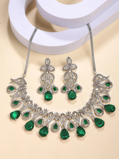 Traditional Royal Design Green American Diamond Necklace Set for Women
