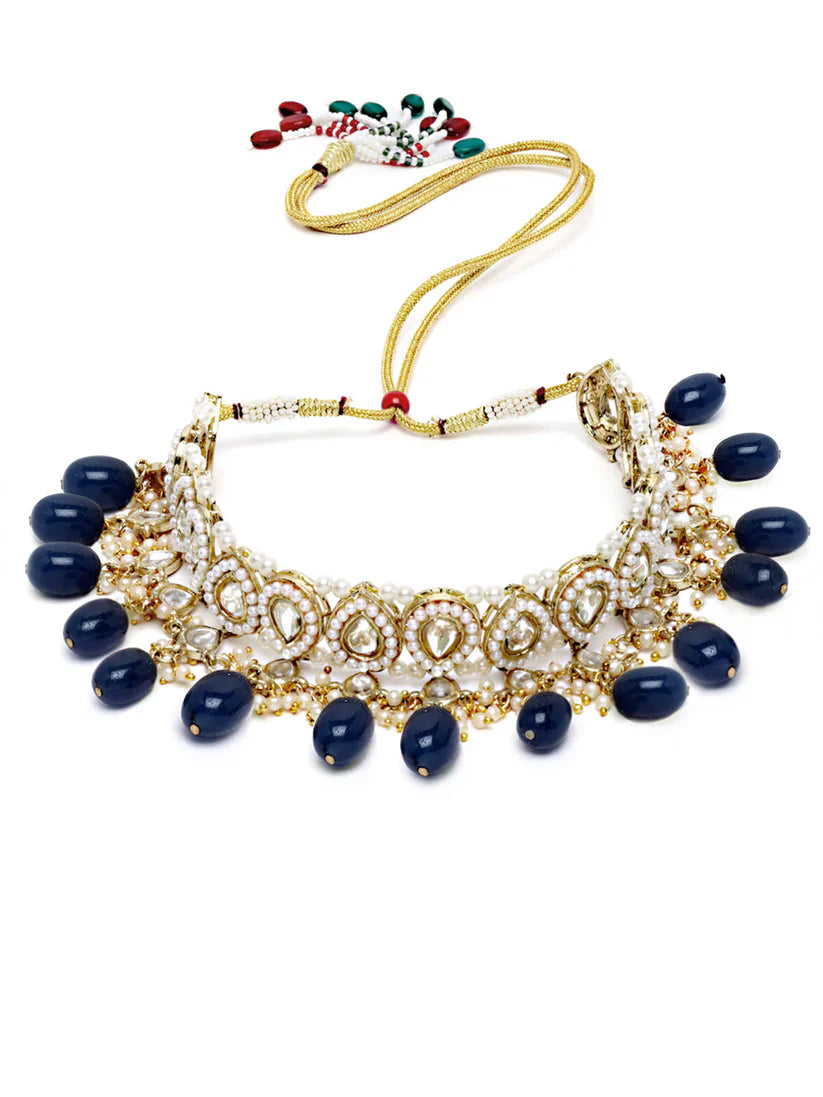 Gold Plated Blue Tumble Choker Necklace Set for Women