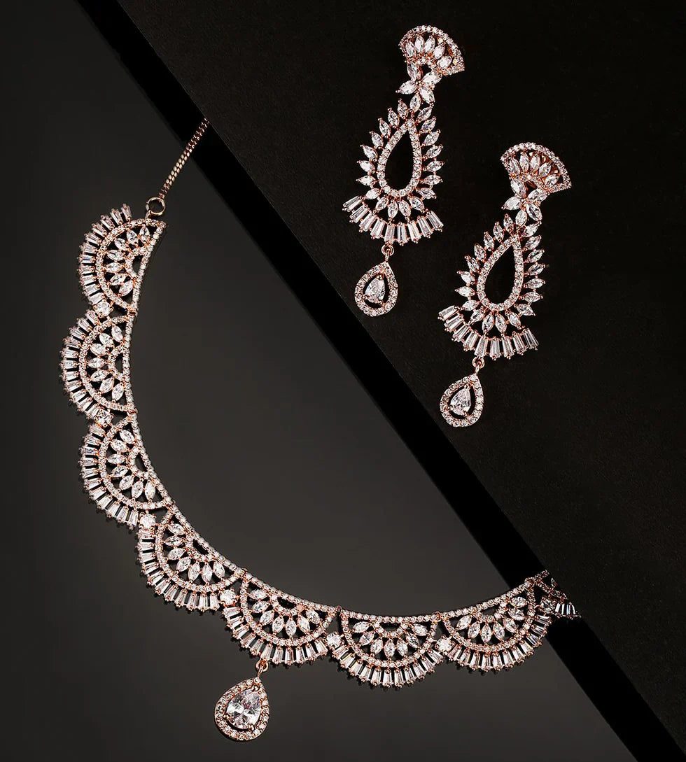 Luxury Div-American Diamond Rose Gold Plated Jewellery Set