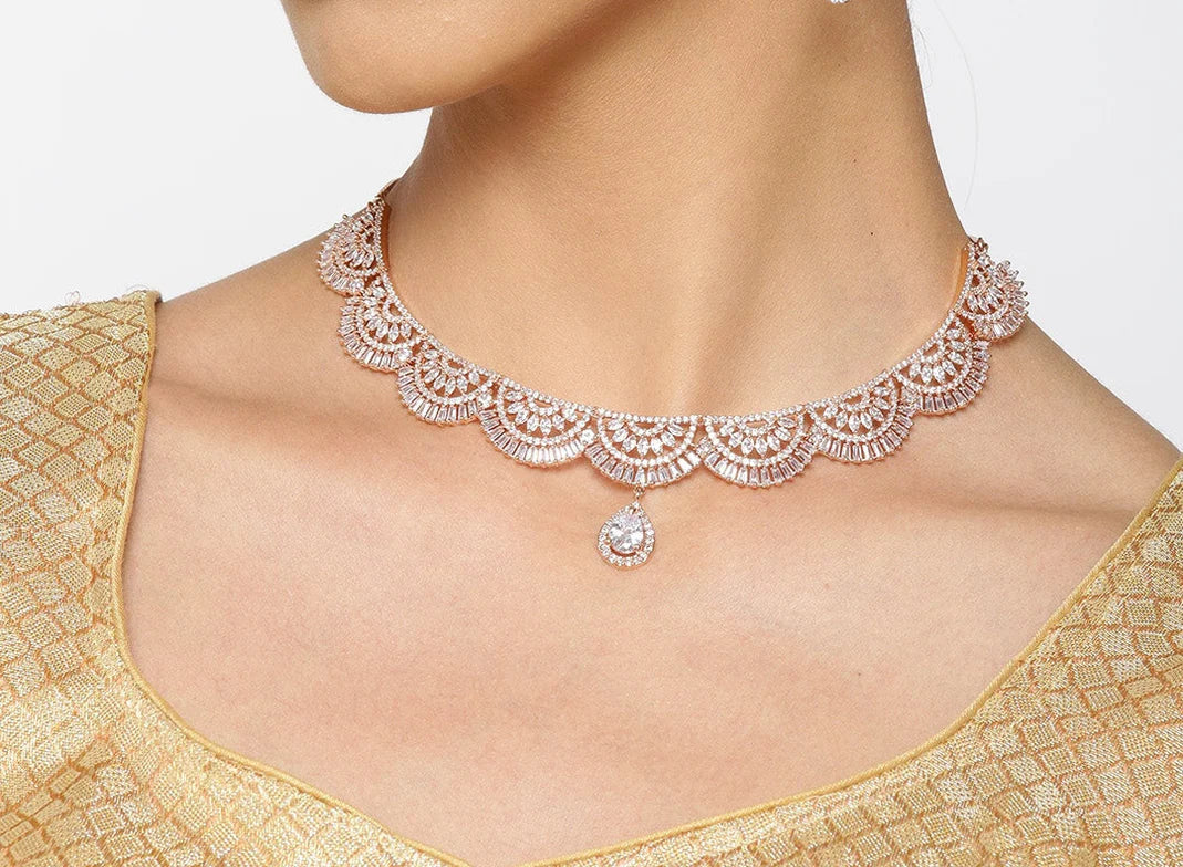 Luxury Div-American Diamond Rose Gold Plated Jewellery Set