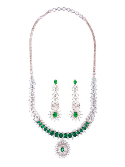 Trendy Green American Diamond Rose Gold Jewellery Set