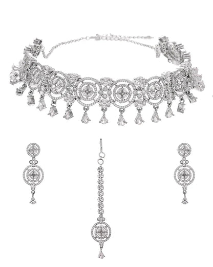 Luxury & Fashionable Oxidised Silver Tone Necklace Set with Maang tika