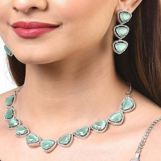 Luxury & Fashionable Triangular Shaped AD Neck Set Mint
