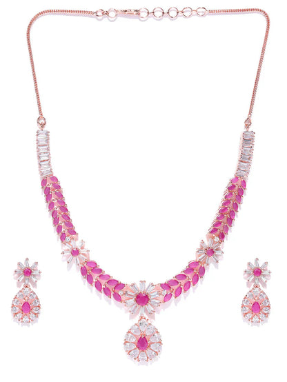 Imported Pink Ruby Gold Plated Floral Crystel Jewellery Set