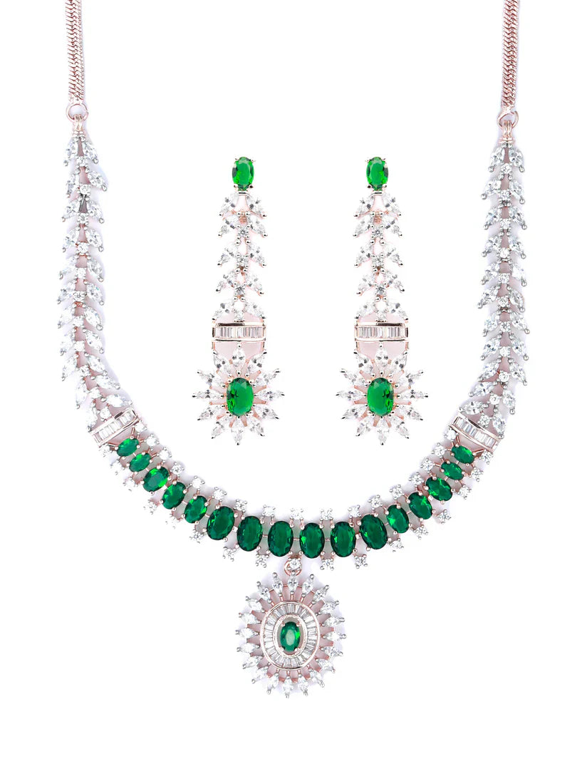 Trendy Green American Diamond Rose Gold Jewellery Set