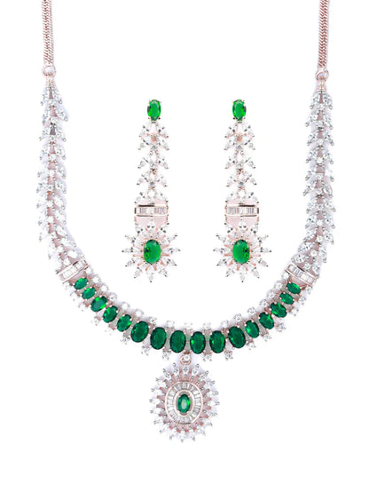 Trendy Green American Diamond Rose Gold Jewellery Set