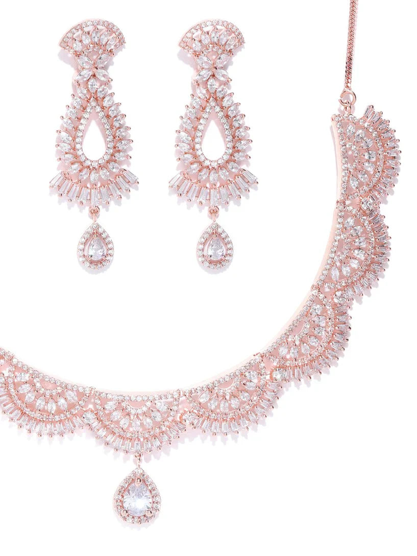 Luxury Div-American Diamond Rose Gold Plated Jewellery Set
