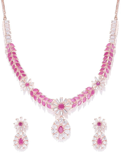 Imported Pink Ruby Gold Plated Floral Crystel Jewellery Set