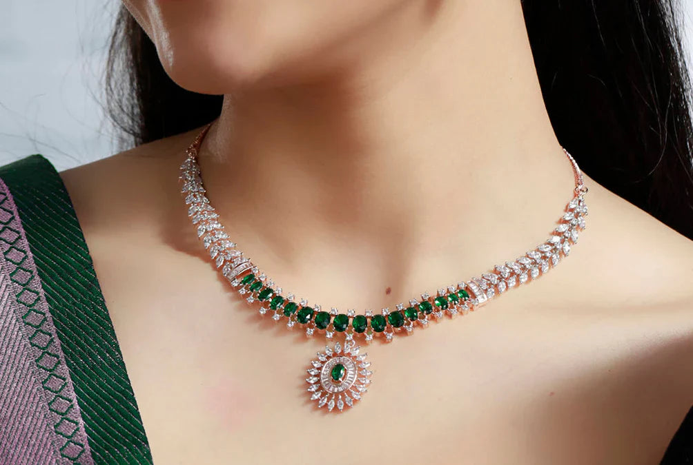 Trendy Green American Diamond Rose Gold Jewellery Set