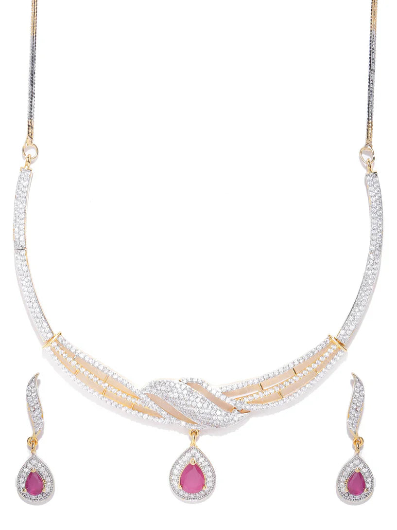 Trendy Aesthetic Pink American Diamond Gold Plated Jewellery Set