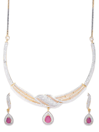 Trendy Aesthetic Pink American Diamond Gold Plated Jewellery Set