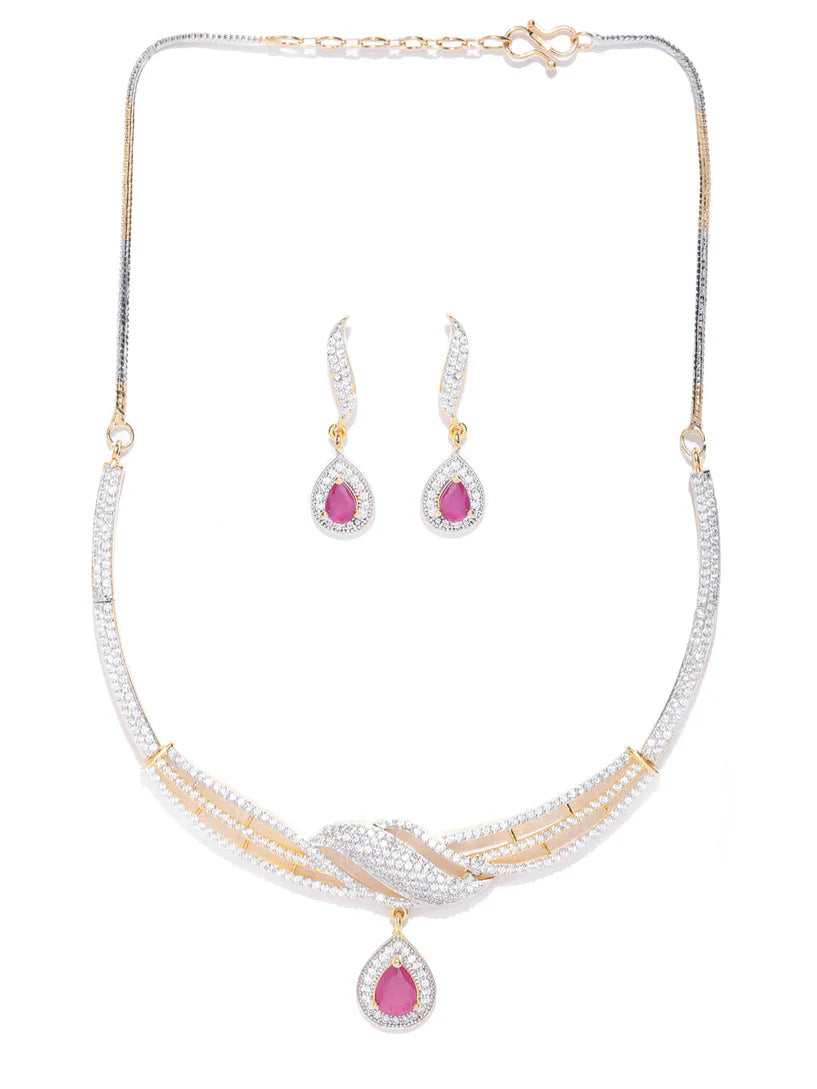 Trendy Aesthetic Pink American Diamond Gold Plated Jewellery Set