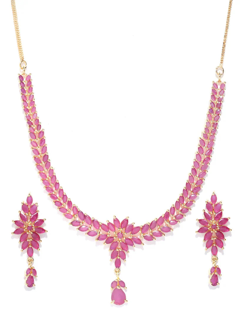 Imported Pink Ruby Gold Plated Floral Jewellery Set