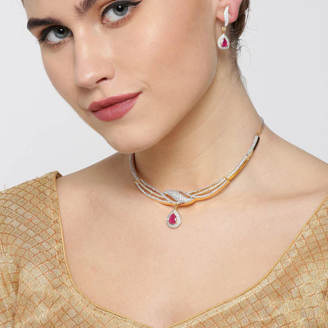 Trendy Aesthetic Pink American Diamond Gold Plated Jewellery Set