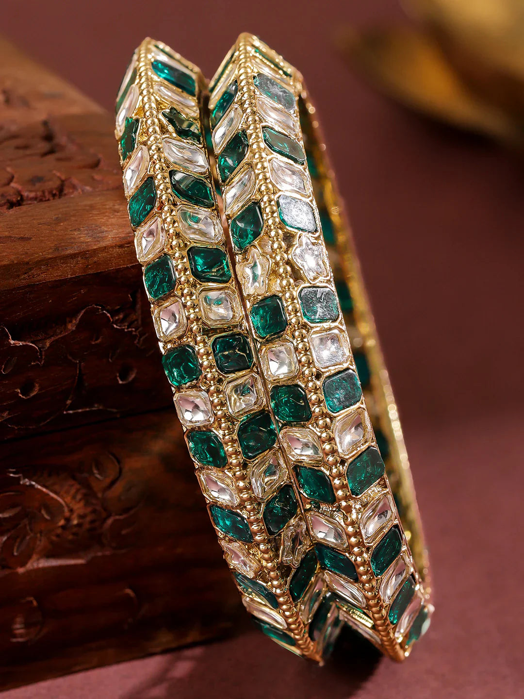 Royal Trinket Rose Gold-Plated Bangles Green Stone