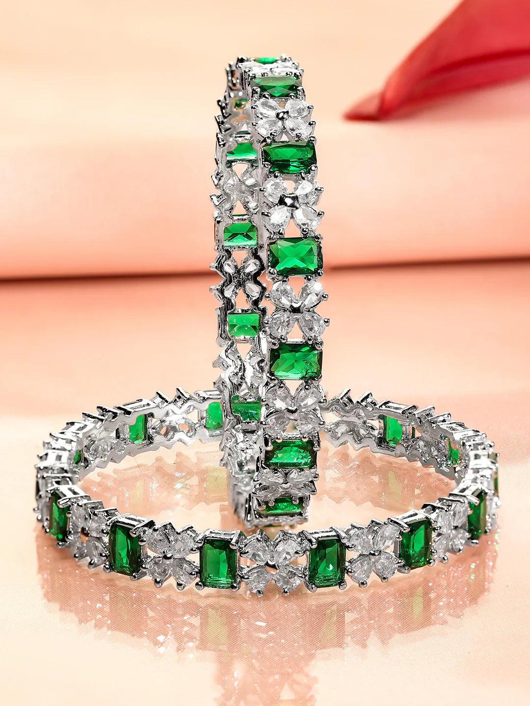 Elegant Silver Design American Diamond Studded Bracelet Green & White