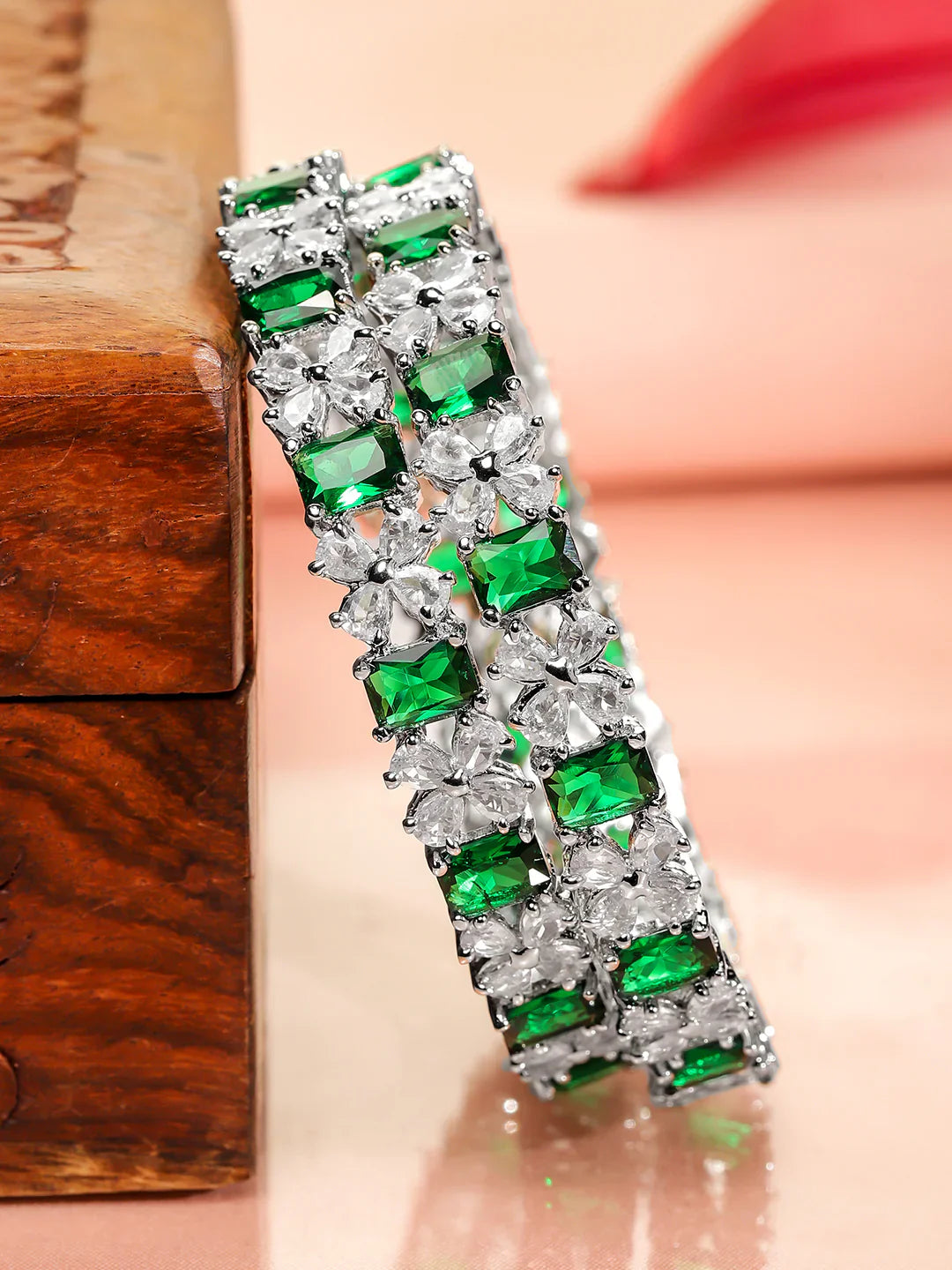 Elegant Silver Design American Diamond Studded Bracelet Green & White
