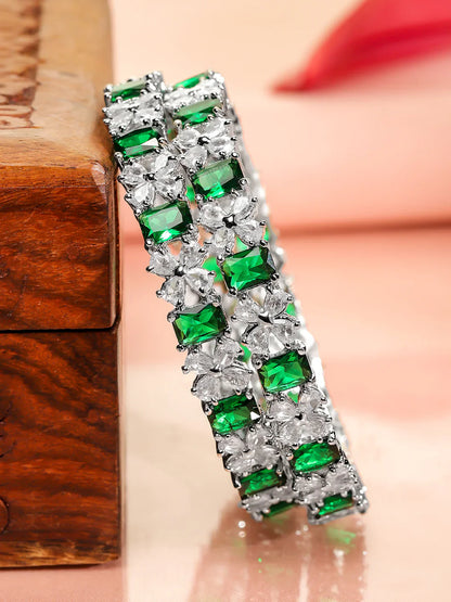 Elegant Silver Design American Diamond Studded Bracelet Green & White